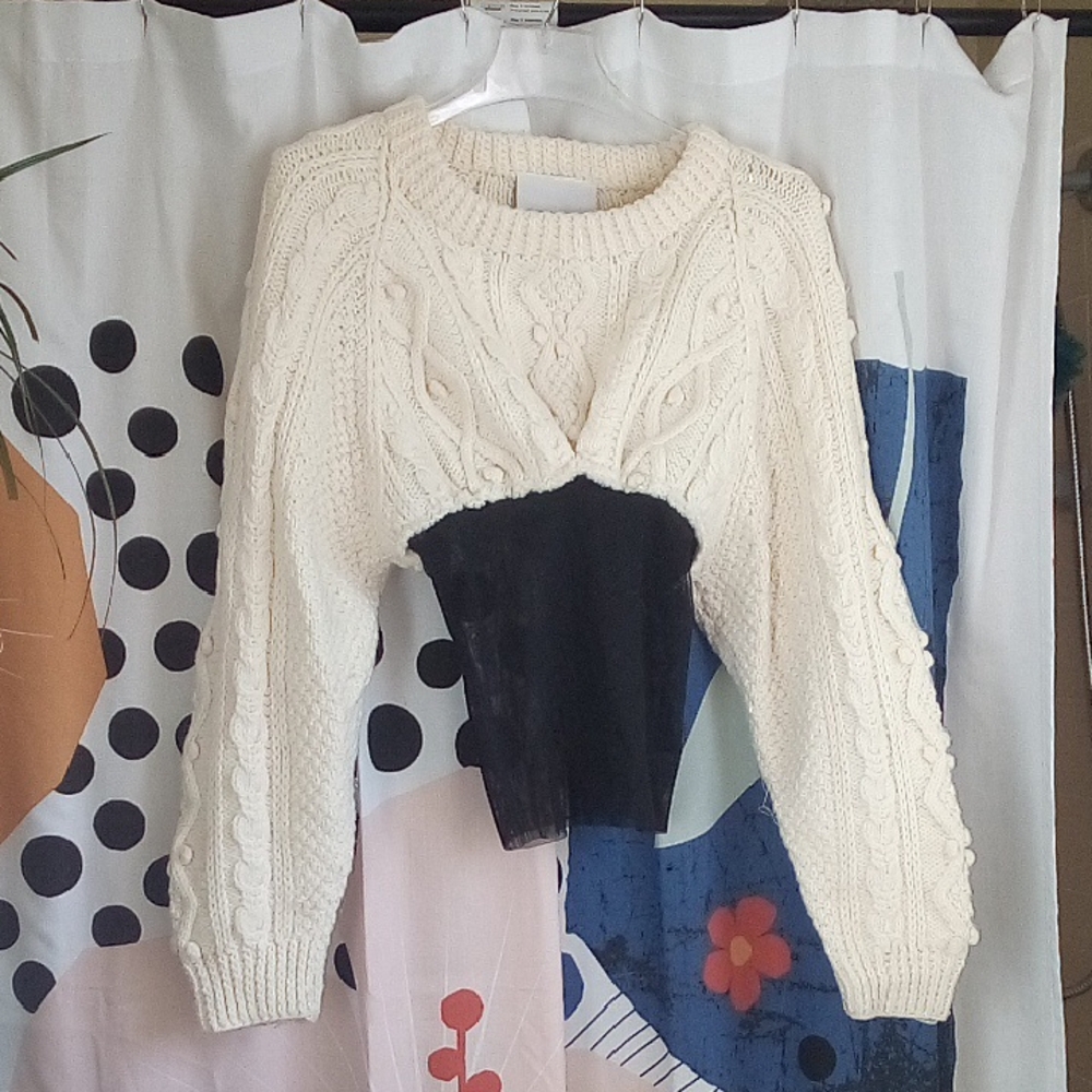 SAMI MIRO VINTAGE Cream Cable-Knit Fisherman Sweater W/Black Mesh Panel, NWT